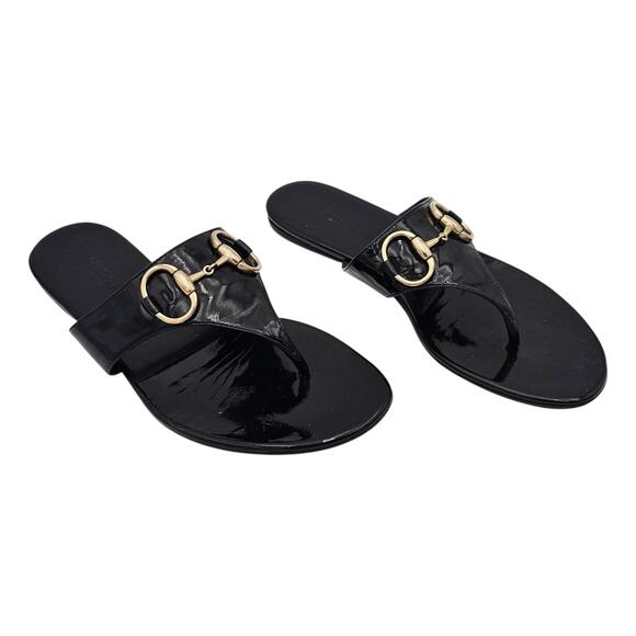 Gucci Horsebit Flat Thong Sandal Black Patent Leather Silver Size 7.5 - Picture 1 of 11